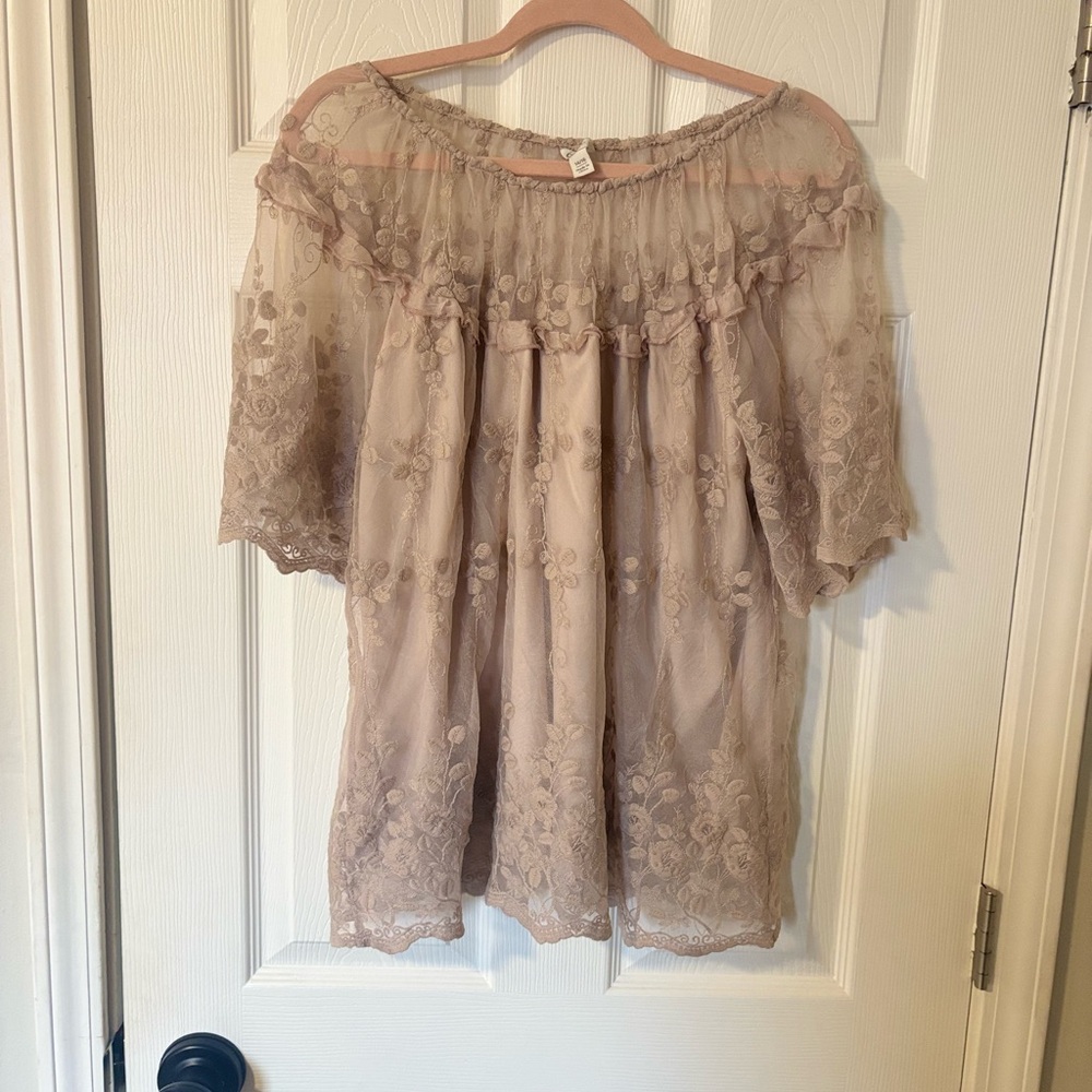 Cato Sheer Lace Off-Shoulder Top in Taupe